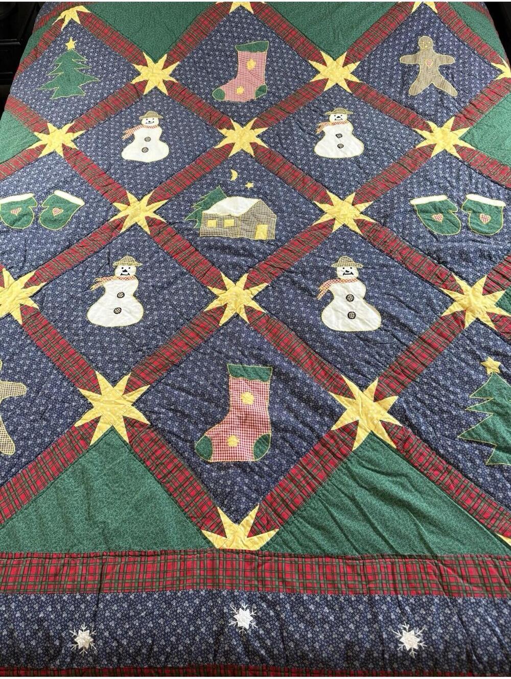 Vintage Handmade Christmas Quilt Applique Snowman Gingerbread 80x80 Farmhouse